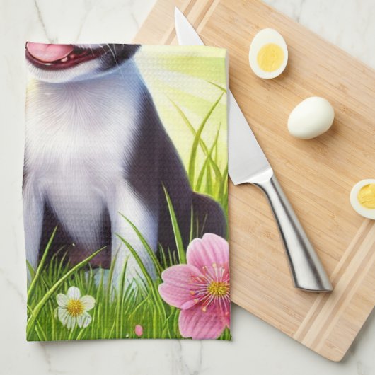 Schattigee puppy met bloemen en vlinders theedoek (Quarter Fold)