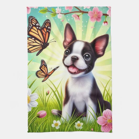 Schattigee puppy met bloemen en vlinders theedoek (Verticaal)