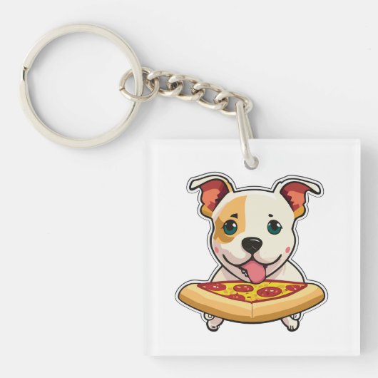 Schattigee Puppy met een plakje pizza Sleutelhanger (voorkant)