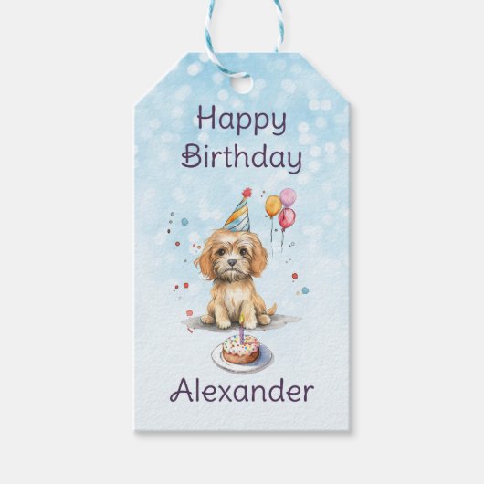 Schattigee puppy met feest Pet verjaardag Cadeaulabel (Voorkant)