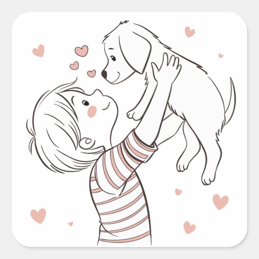 Schattigee puppy met Happy Kind Cartoon Vierkante Sticker (Voorkant)