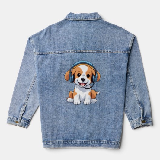 Schattigee Puppy met Hoofdtelefoon Denim Jacket (Achterkant)