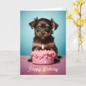 Schattigee Puppy met Pink Cake Dog Verjaardag Kaart (Gele Bloem)