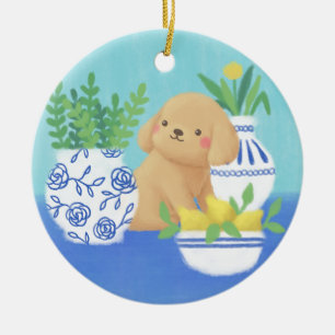 Schattigee puppy met Planten, citroenen en bloemen Keramisch Ornament