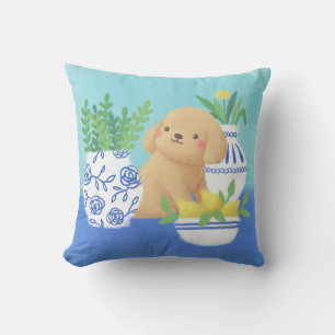 Schattigee puppy met Planten, citroenen en bloemen Kussen