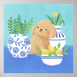 Schattigee puppy met Planten, citroenen en bloemen Poster