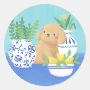 Schattigee puppy met Planten, citroenen en bloemen Ronde Sticker