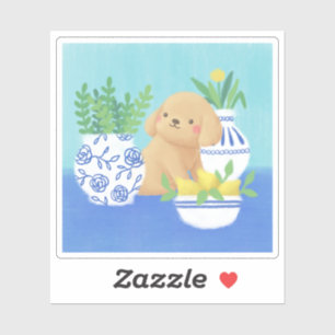 Schattigee puppy met Planten, citroenen en bloemen Sticker