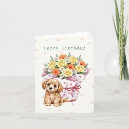 Schattigee puppy met pot bloemen lieve verjaardag kaart (Voorkant)