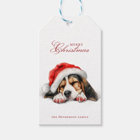 Schattigee Puppy met Santa hat Custom Name White Cadeaulabel (Voorkant)
