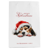 Schattigee Puppy met Santa hat Custom Name White Medium Cadeauzakje (Voorkant)