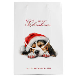 Schattigee Puppy met Santa hat Custom Name White Medium Cadeauzakje