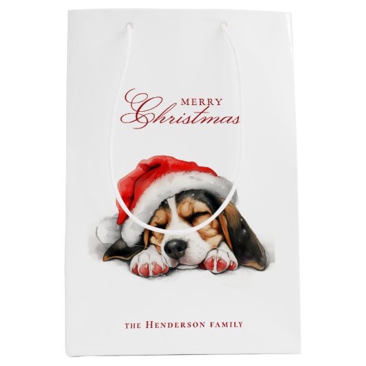 Schattigee Puppy met Santa hat Custom Name White Medium Cadeauzakje (Voorkant)