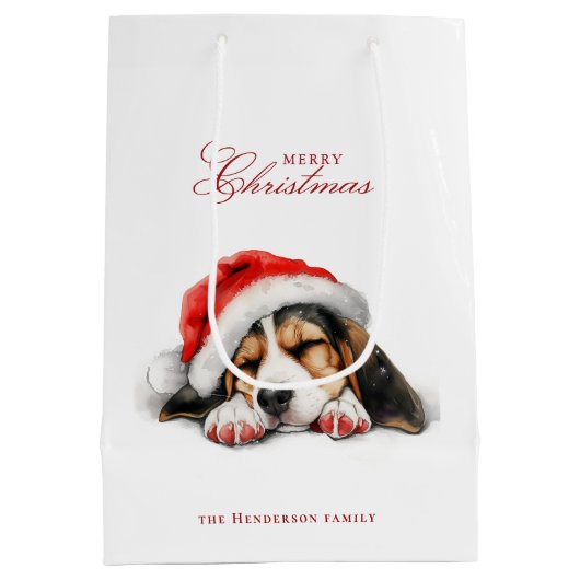 Schattigee Puppy met Santa hat Custom Name White Medium Cadeauzakje (Achterkant)