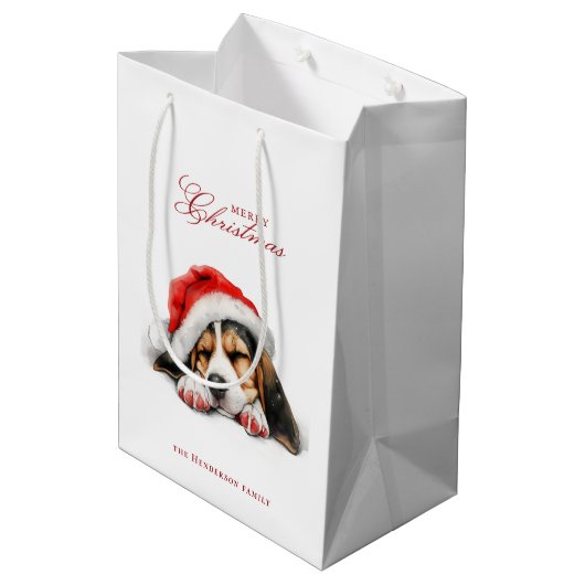 Schattigee Puppy met Santa hat Custom Name White Medium Cadeauzakje (Achterkant Gekanteld)