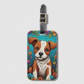 Schattigee Puppy met Whimsical Folk Art Flowers Bagagelabel (Voorkant (verticaal))