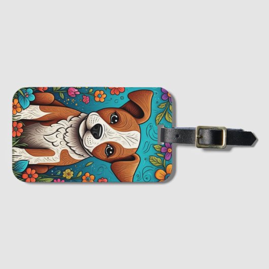 Schattigee Puppy met Whimsical Folk Art Flowers Bagagelabel (Voorkant (horizontaal))
