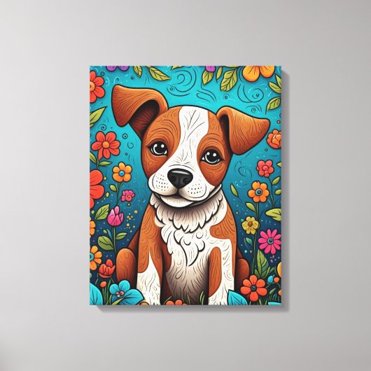Schattigee Puppy met Whimsical Folk Art Flowers Canvas Afdruk (Voorkant)