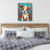 Schattigee Puppy met Whimsical Folk Art Flowers Canvas Afdruk (Insitu (Slaapkamer))