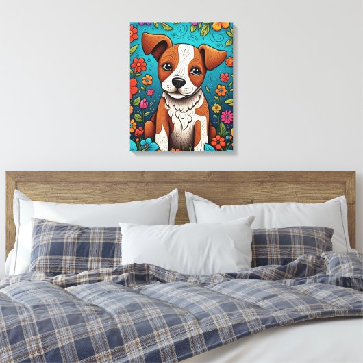 Schattigee Puppy met Whimsical Folk Art Flowers Canvas Afdruk (Insitu (Slaapkamer))