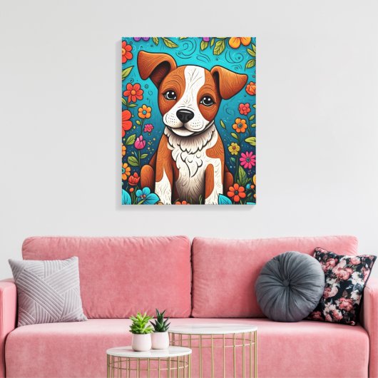 Schattigee Puppy met Whimsical Folk Art Flowers Canvas Afdruk (Insitu (Woonkamer))