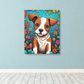 Schattigee Puppy met Whimsical Folk Art Flowers Canvas Afdruk (Insitu (Houten vloer))