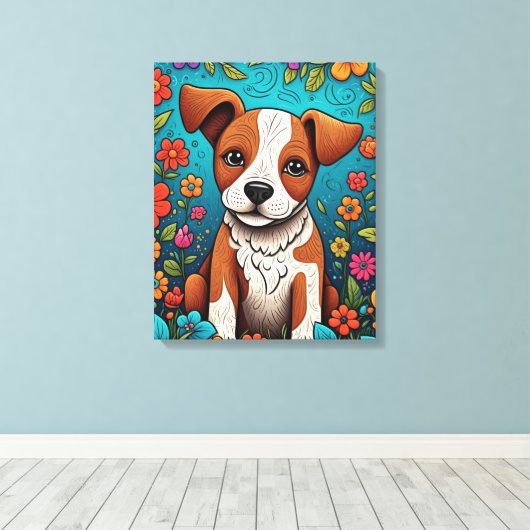 Schattigee Puppy met Whimsical Folk Art Flowers Canvas Afdruk (Insitu (Houten vloer))