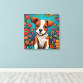 Schattigee Puppy met Whimsical Folk Art Flowers Canvas Afdruk (Insitu (Houten vloer))