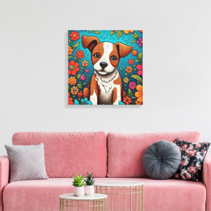 Schattigee Puppy met Whimsical Folk Art Flowers Canvas Afdruk