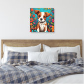 Schattigee Puppy met Whimsical Folk Art Flowers Canvas Afdruk (Insitu (Slaapkamer))