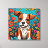 Schattigee Puppy met Whimsical Folk Art Flowers Canvas Afdruk (Voorkant)