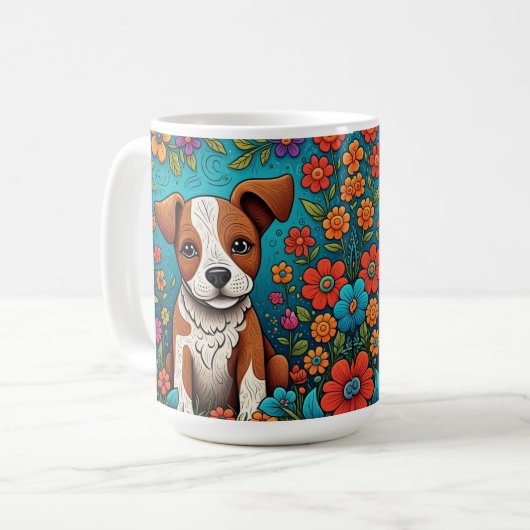 Schattigee Puppy met Whimsical Folk Art Flowers Koffiemok (Voorkant links)