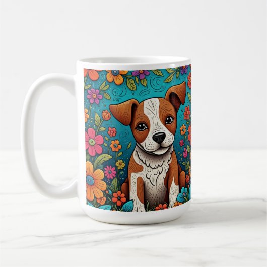 Schattigee Puppy met Whimsical Folk Art Flowers Koffiemok (Links)