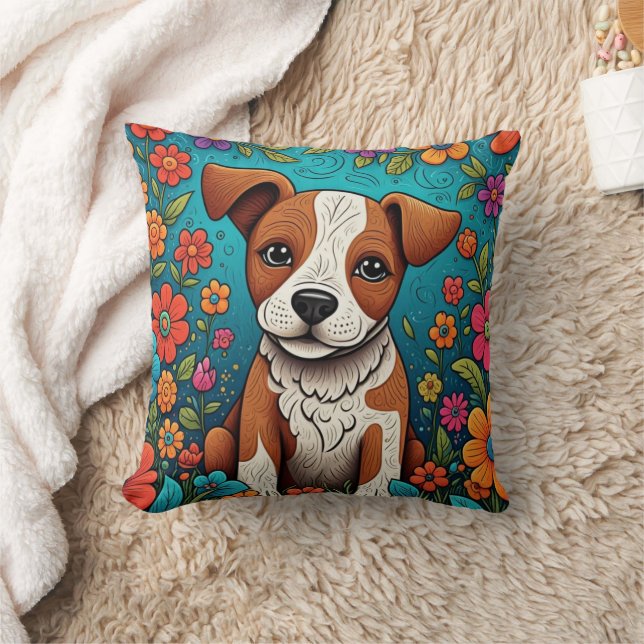 Schattigee Puppy met Whimsical Folk Art Flowers Kussen (Deken)