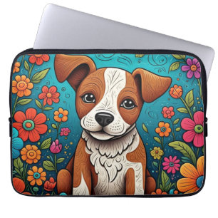 Schattigee Puppy met Whimsical Folk Art Flowers Laptop Sleeve