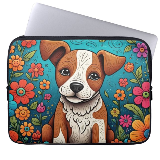 Schattigee Puppy met Whimsical Folk Art Flowers Laptop Sleeve (Voorkant)