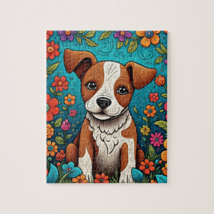 Schattigee Puppy met Whimsical Folk Art Flowers Legpuzzel