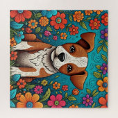 Schattigee Puppy met Whimsical Folk Art Flowers Legpuzzel (Horizontaal)