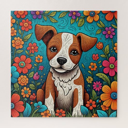 Schattigee Puppy met Whimsical Folk Art Flowers Legpuzzel (Verticaal)