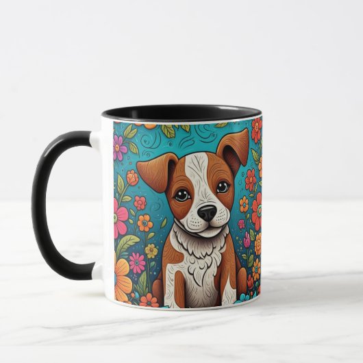 Schattigee Puppy met Whimsical Folk Art Flowers Mok (Links)