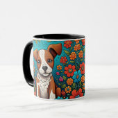 Schattigee Puppy met Whimsical Folk Art Flowers Mok (Voorkant links)