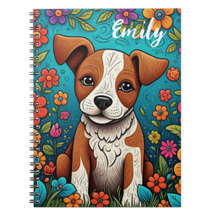 Schattigee Puppy met Whimsical Folk Art Flowers Notitieboek
