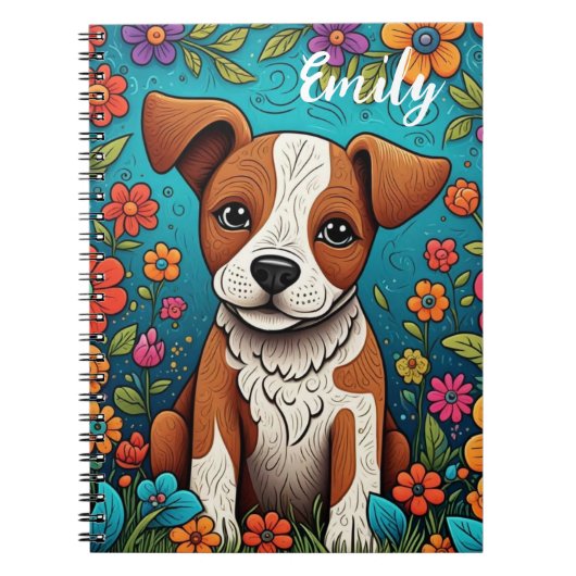 Schattigee Puppy met Whimsical Folk Art Flowers Notitieboek (Voorkant)