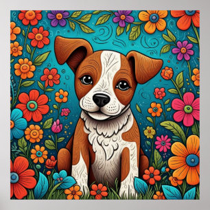 Schattigee Puppy met Whimsical Folk Art Flowers Poster