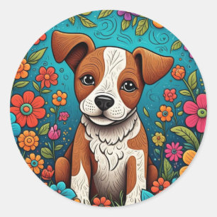 Schattigee Puppy met Whimsical Folk Art Flowers Ronde Sticker