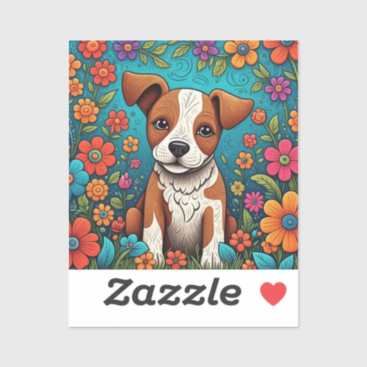 Schattigee Puppy met Whimsical Folk Art Flowers Sticker (Vel)