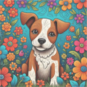 Schattigee Puppy met Whimsical Folk Art Flowers Sticker (Voorkant)