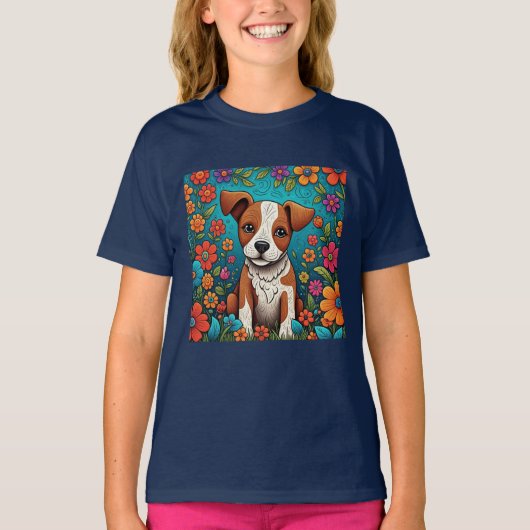 Schattigee Puppy met Whimsical Folk Art Flowers T-shirt (Voorkant)