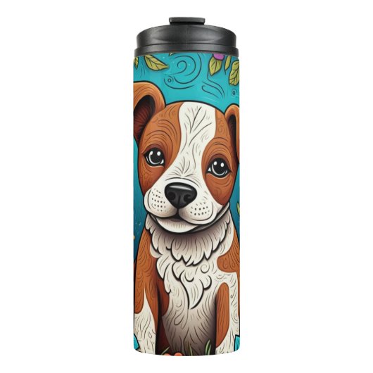 Schattigee Puppy met Whimsical Folk Art Flowers Thermosbeker (Voorkant)