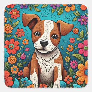 Schattigee Puppy met Whimsical Folk Art Flowers Vierkante Sticker
